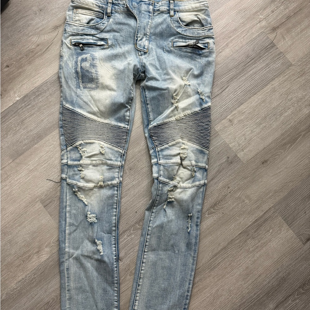 Balmain Men's Skinny Biker Jeans Men's Light Blue Jeans Size 36 - Picture 3 of 16